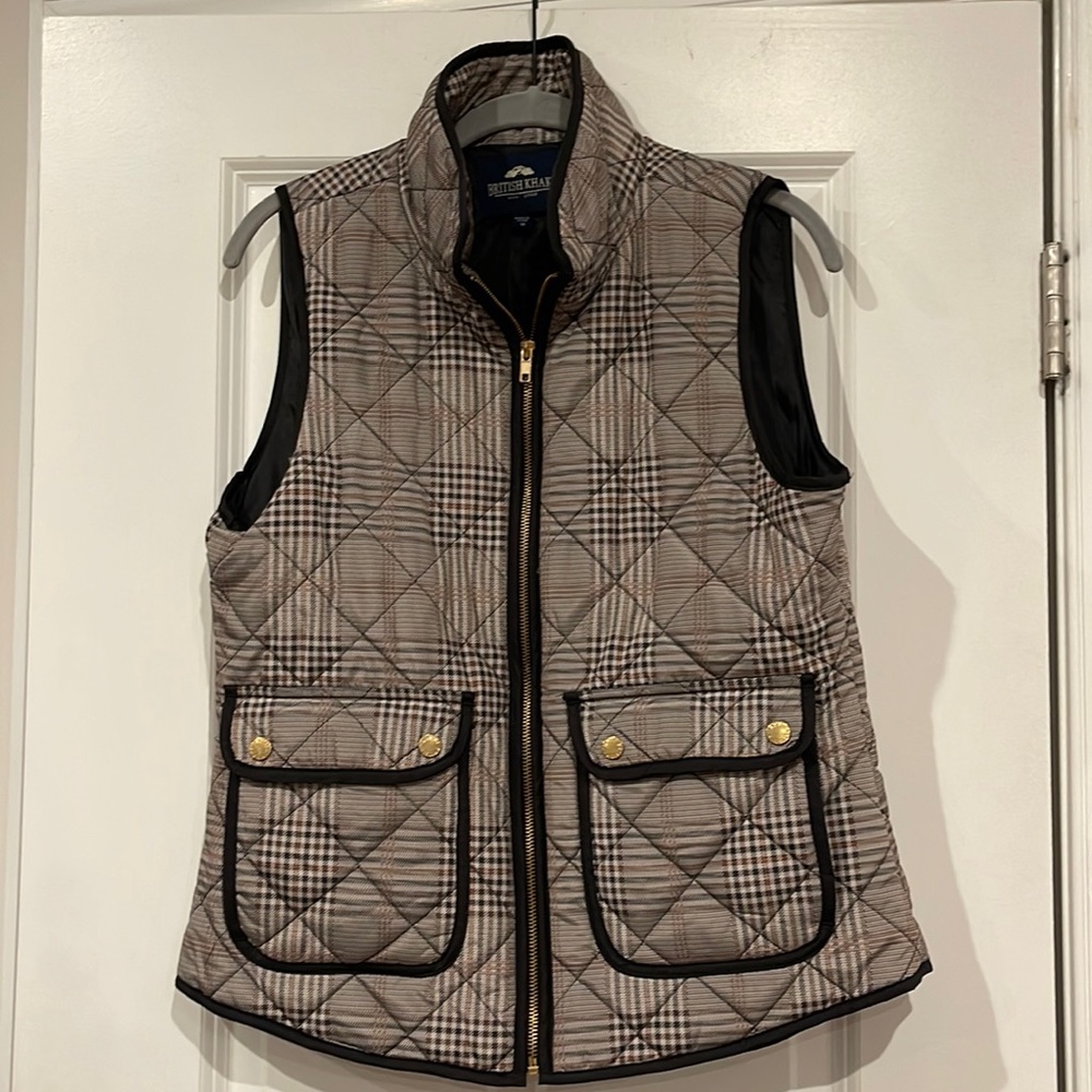 British Khaki Vest M Brown Black Zip Plaid